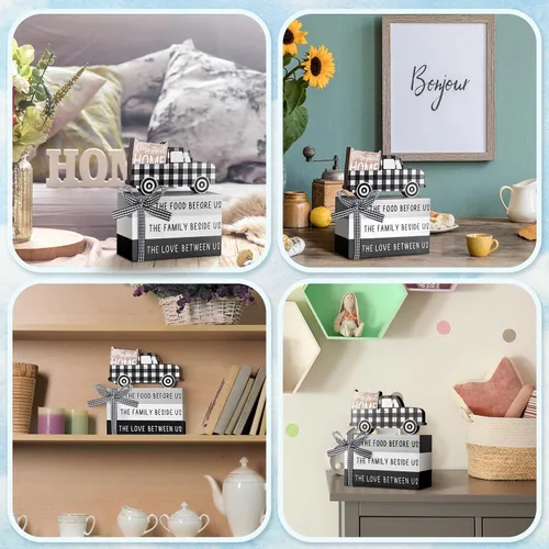 Vista 7 de Jetec 4 piezas de decoración de mesa de madera de granja, decoración rústica de bandeja escalonada para el hogar, centro de mesa blanco y negro