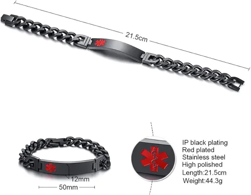 Vista 2 de Free Custom Engraving Emergency Medical Alert ID Cuff Bracelet for Men Women