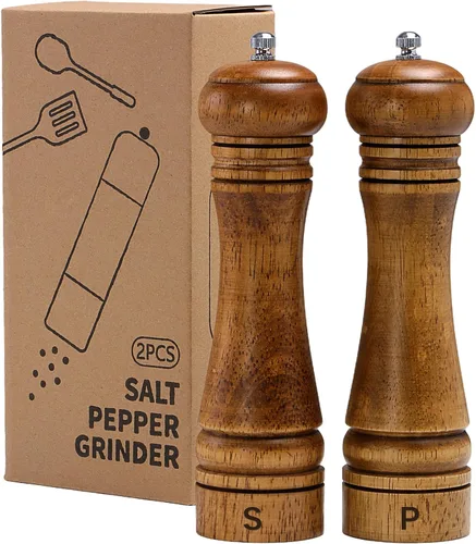 Vista 11 de Molinillo de sal y pimienta de madera, molinillo de sal y pimienta, cocteleras de madera de roble con molinillos de cerámica ajustables, 8 pulgadas