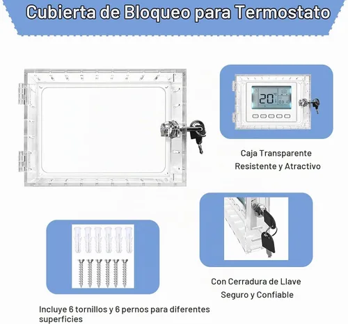 Vista 3 de Caja de bloqueo de termostato universal con llave, protector de termostato grande transparente para pared, cubierta de termostato con cerradura
