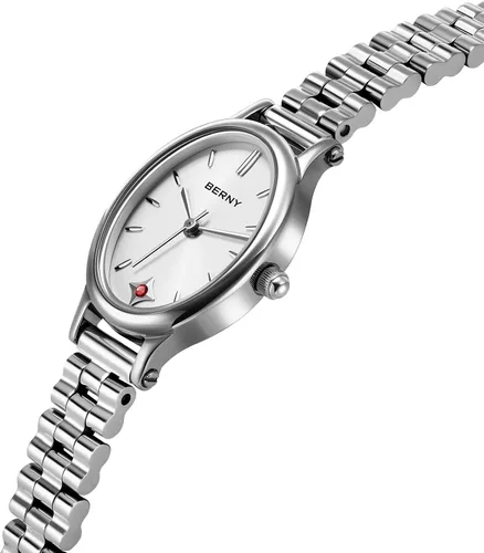 Vista 2 de BERNY Relojes de plata para mujer, delicado reloj de pulsera para mujer, reloj de pulsera pequeño impermeable 3ATM, reloj de cuarzo analógico