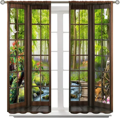 Vista 322 de Cortinas de paisaje, ventana 3D, primavera, bosque, vida silvestre, paisajes de naturaleza, dormitorio, sala de estar, cortinas térmicas opacas de 2