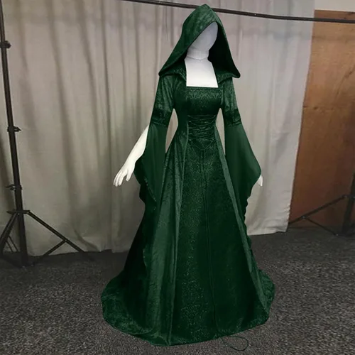 Vista 5 de Vestido renacentista para mujer, disfraz divertido de Hallowwen, vestido gótico medieval con capucha, manga larga, vestido largo victoriano