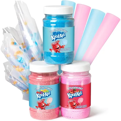 Vista 11 de Nostalgia Kool-Aid - Kit variado de algodón de azúcar – 3 sabores de azúcar de hilo dental (frambuesa azul, fresa, ponche tropical) – Botellas de 7