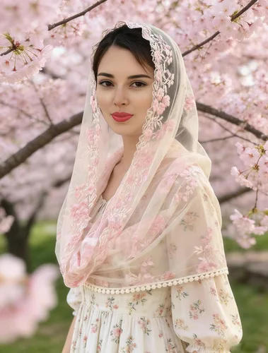 Vista 4 de Encaje Capilla Velo Mantilla Infinity Veil Multicolor Bordado Cherry Blossom Style Latin Mass M7 Rosa (Cherry Blossom Pink)