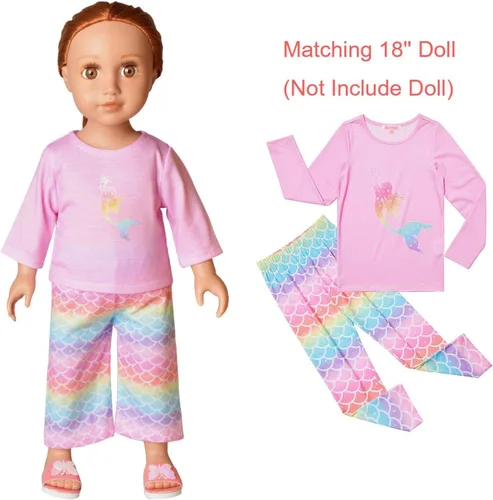 Vista 17 de QPANCY Conjunto de pijamas a juego para niñas y muñecas, pijamas de manga larga para otoño e invierno