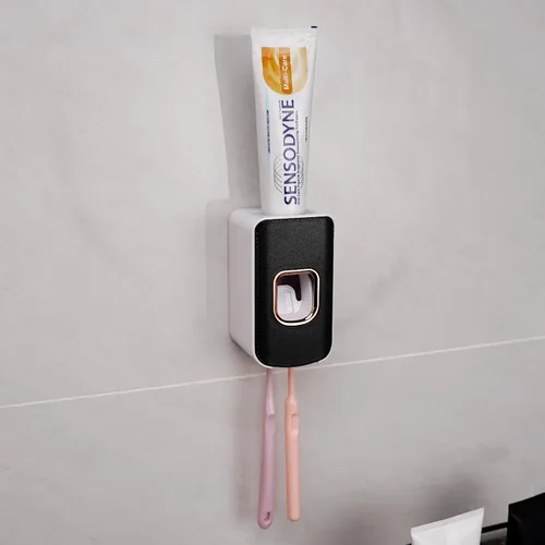 Vista 7 de Soporte de plástico para cepillos de dientes de 2 ranuras y dispensador de pasta de dientes montado en la pared, exprimidor automático de pasta