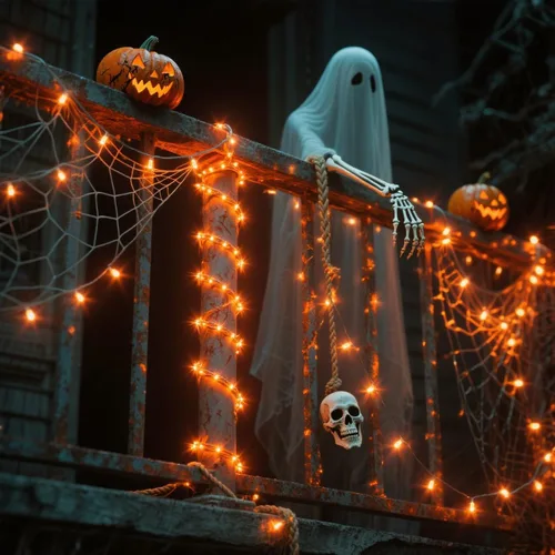 Vista 9 de Guirnalda de luces naranjas de Halloween, funciona con pilas, 7.2 pies, 20 luces LED, alambre de cobre plateado para Halloween, Navidad, decoración
