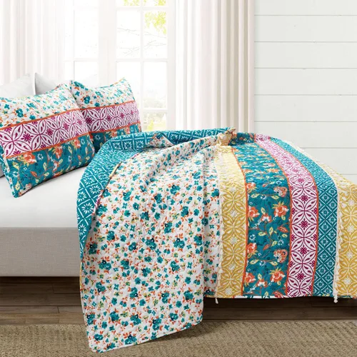 Vista 2 de Lush Decor Emily Boho Stripe - Juego de edredón reversible de 3 piezas, tamaño King, color turquesa