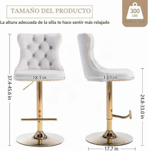 Vista 2 de Juego de 2 taburetes de bar beige, taburetes de bar tapizados ajustables con respaldo y reposapiés dorado, modernos taburetes de bar giratorios