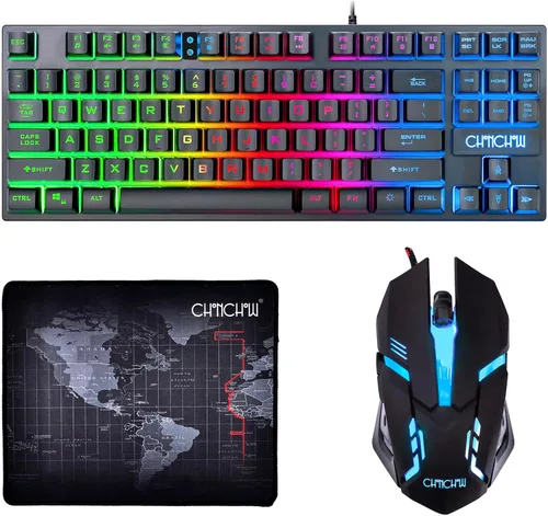 Vista 9 de CHONCHOW Combo de Teclado y Ratón Azul, Teclado TKL USB con 87 Teclas, Luz LED Retroiluminada, 800-3200 DPI Ratón RGB, Combo de Teclado y Ratón Azul
