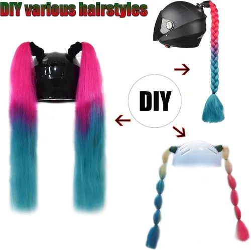 Vista 2 de 2 piezas de casco de coleta para motocicleta, cola de caballo, casco de bicicleta, trenzas de pelo para cualquier casco, decoración, copa