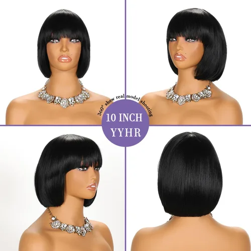 Vista 4 de YYHR Peluca corta estilo Bob con flequillo de 10 pulgadas, pelucas de cabello sintético lacio Yaki claro, pelucas cortas de corte Bob negro con 1b