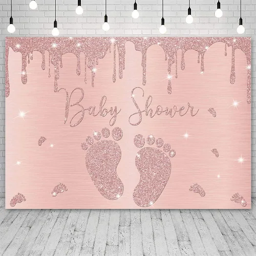 Vista 2 de Telón de fondo para baby shower de niña de oro rosa de 7 x 5 pies, con purpurina y pequeña huella, decoración de fiesta de princesa rosa, pancarta