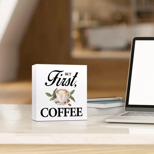Vista 5 de Ruvoty Letrero de madera con texto en inglés «But First Coffee», decoración de escritorio, ideas de regalo para amantes, decoración de estación