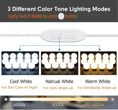 Vista 6 de Luces de espejo regulables, luces LED estilo Hollywood con 10 bombillas, luces de tocador alimentadas por USB para espejo, tocador, dormitorio