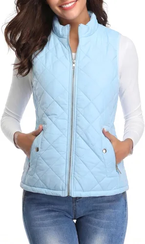 Vista 9 de Fuinloth Women's Quilted Vest Lightweight Puffer Stand Collar Zip Gilet Beige