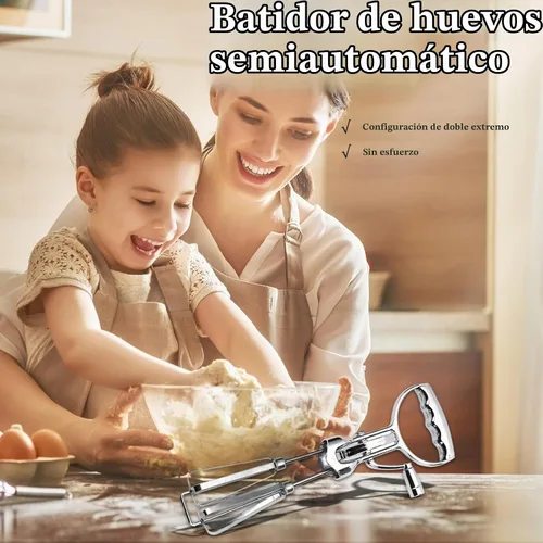 Vista 2 de Batidora de mano manual, batidor de huevos de manivela de acero inoxidable, batidor de huevos giratorio de doble cabezal con manivela, herramienta