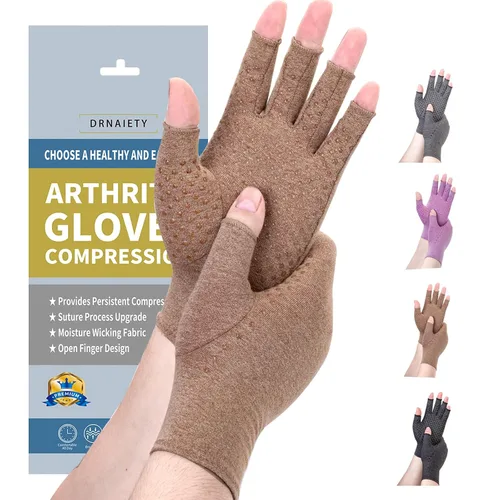 Vista 9 de DRNAIETY Guantes de compresión para artritis, para hombres y mujeres, para dolor de manos, guantes antideslizantes sin dedos para escribir y Negro