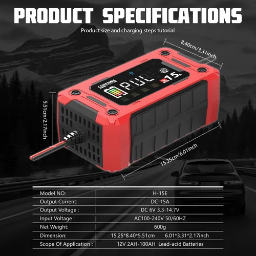 Vista 5 de COREBOX Cargador de batería de 15 amperios y 12 V, cargador automático inteligente de batería, desulfatador de mantenimiento de batería