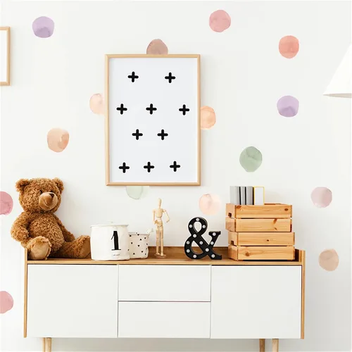 Vista 5 de 6 hojas de 72 calcomanías de pared de lunares de acuarela colorida, calcomanías de pared de arte de arco iris, vinilo extraíble para niños Colorido