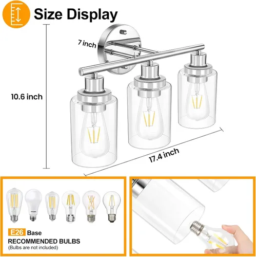 Vista 2 de Accesorios de Iluminación de Baño Watyo, Lámpara de Tocador Cromada, Plata, 3 Luces, Apliques Modernos para Baño con Pantallas de Vidrio
