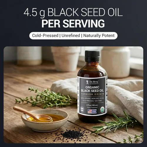 Vista 7 de Dr. Berg Aceite de Semilla Negra Orgánico Prensado en Frío – Puro Aceite de Nigella Sativa de Comino Negro – USDA Orgánico, Halal, Vegano