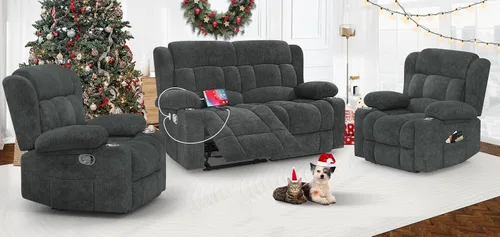 Vista 30 de Juego de sofá reclinable loveseat con 2+1 piezas, 2 plazas estilo minimalista reclinable manual con tirador, loveseat con puertos de carga USB