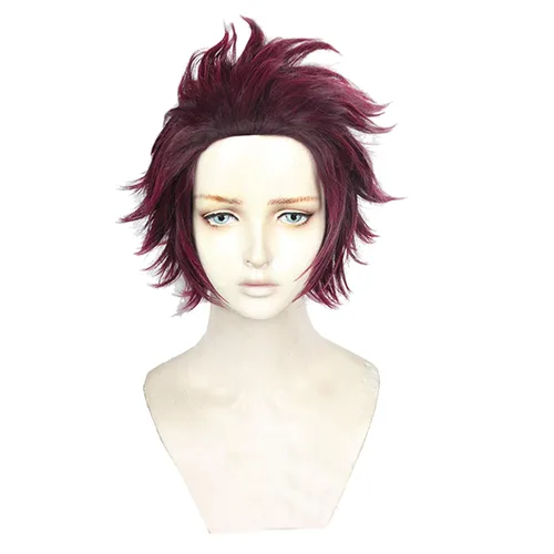 Vista 2 de SUNXXCOS Peluca corta de fibra de alta temperatura para hombres y mujeres para fiestas masculinas de Halloween, Kimetsu no Yaiba (Kamado Tanjirou)