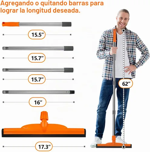 Vista 4 de Escobilla de suelo resistente, mango ajustable de 62 pulgadas, hoja de espuma EVA, ideal para hormigón, garaje, patio y más
