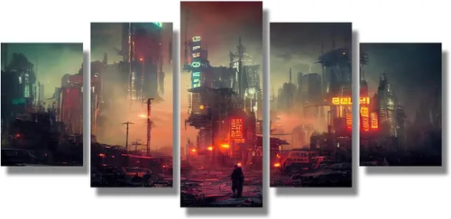 Vista 69 de Lienzo decorativo para pared, diseño de ciudad futurista Cyberpunk para sala de estar, impresión multipanel, obra de arte de cocina, pintura