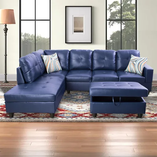 Vista 8 de Sofá modular para sala de estar, sofá seccional de cuero marrón en forma de L con diván y otomano de almacenamiento para sala de estar, B- marrón