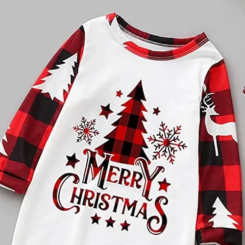 Vista 4 de ANGELGGH Pijamas de Navidad para la familia, conjunto de pijamas a juego, pijamas de Navidad de reno a cuadros rojos para mujeres, hombres y niños