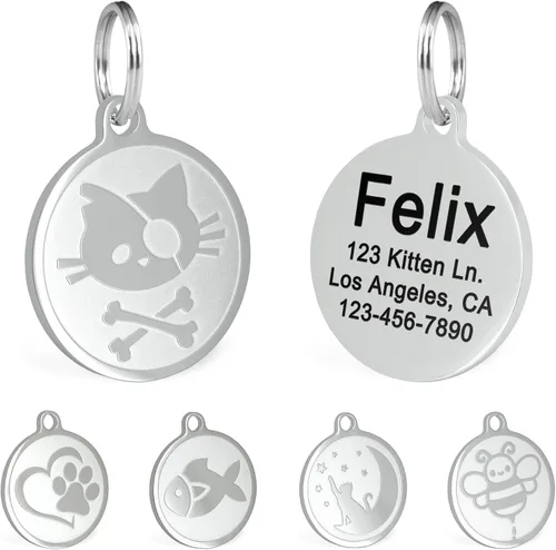 Vista 16 de Ultra Joys Etiquetas de nombre de gato grabadas personalizadas – Etiqueta de identificación de mascotas de acero inoxidable – Etiquetas
