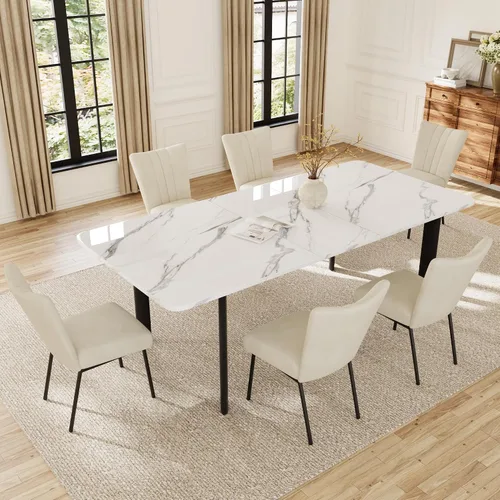 Vista 17 de HIPIHOM Mesa de comedor extensible para 6-8 personas, mesa rectangular de 63 a 78.7 pulgadas, MDF blanco con patas de metal resistentes, ahorro