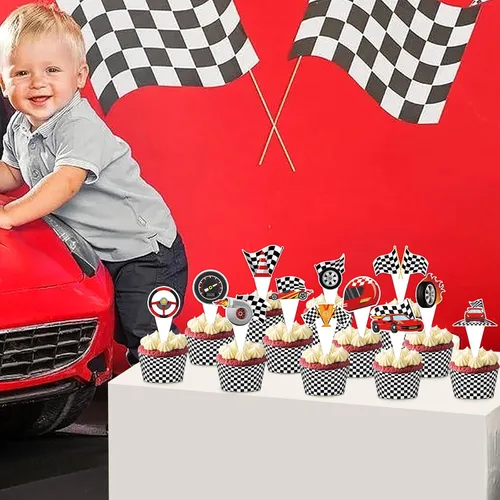 Vista 5 de 48 paquetes de toppers y envolturas de cupcakes de coche de carreras, decoración de pastel de fiesta de carreras con temática de carreras y cuadros