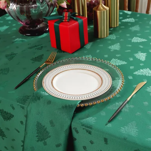 Vista 4 de Honellaty Mantel Verde de Navidad, Tela Jacquard con Patrón de Árbol de Navidad Mantel Rectangular, Mantel de Damasco para Mesas Rectangulares