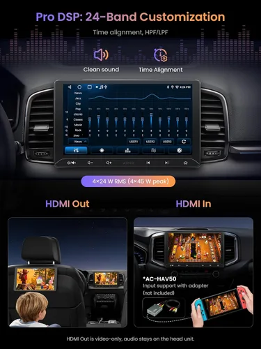 Vista 4 de A5L Estéreo de coche Android de 10.1 pulgadas de doble DIN, CarPlay inalámbrico y Android Auto, DriveChat AI, Salida HDMI, Control IoT, Arranque