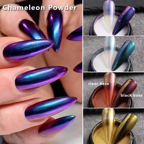 Vista 3 de Juego de polvos de uñas cromados de 16 colores, efecto espejo metálico holográfico Aurora Chameleon, pigmento con purpurina para esmalte de gel