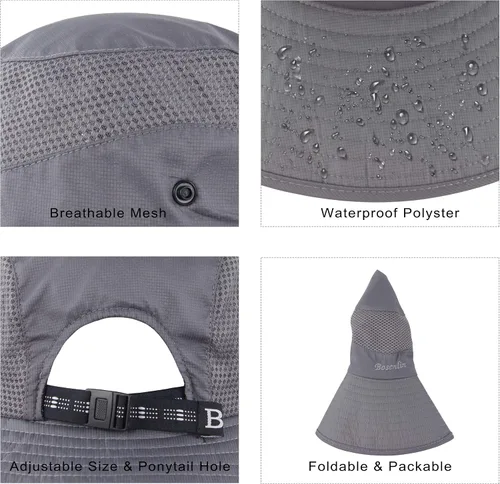 Vista 13 de Sombrero de cola de caballo para mujer, ala ancha, protección UV, malla para playa, pesca, jardinería