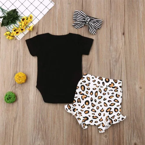 Vista 3 de DuAnyozu Conjunto de 3 piezas de ropa para bebés y niñas, lindo mameluco con estampado de leopardo, pantalones cortos de verano