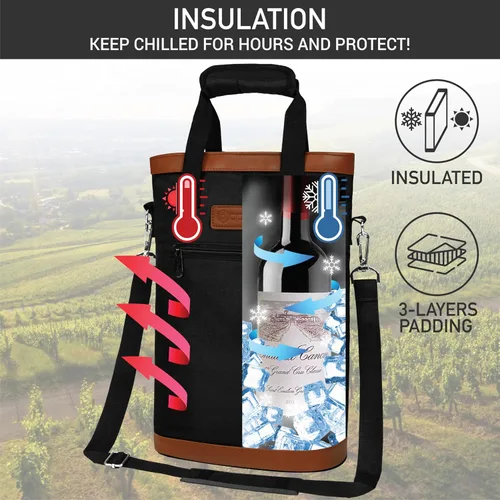 Vista 3 de opux - Portavinos para 2 botellas, bolsa aislada a prueba de fugas para vino, bolsa de enfriamiento portátil para viajes BYOB, picnic, estuche