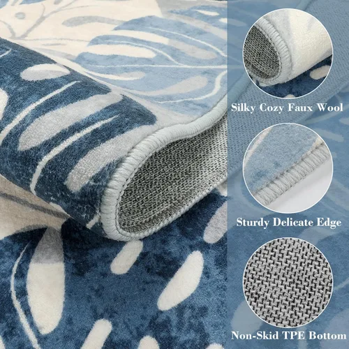 Vista 2 de Wonnitar Leaf - Alfombra de cocina de 2x3 pies, alfombra azul pequeña para baño, alfombra decorativa lavable para mesita de noche, planta