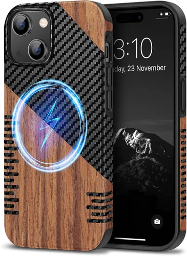 Vista 8 de TENDLIN Compatible con Funda para iPhone 15, Funda de Madera con Textura de Fibra de Carbono, Diseño Híbrido de Cuero Delgado (Negro)