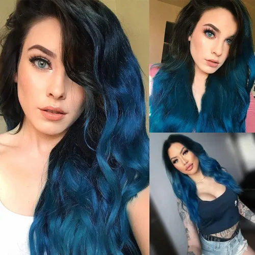Vista 2 de Tseses Pelucas largas y onduladas de color azul degradado para mujer, pelucas de cabello sintético con raíces oscuras, cosplay, fiesta de Halloween