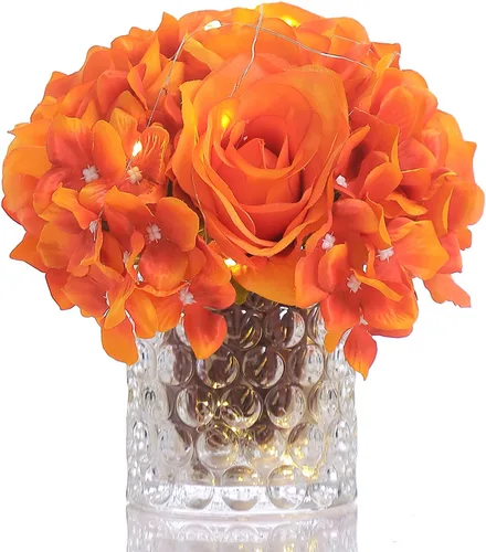 Vista 12 de Arreglo floral de seda de rosas artificiales en jarrón de vidrio con luz LED, elegante centro de mesa para el hogar, boda, baño, mesa, estante