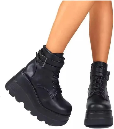 Vista 2 de UOQAPRE Botas de combate de tacón alto para mujer, con puntera cuadrada, con cordones, botines de plataforma gruesa con plataforma gruesa
