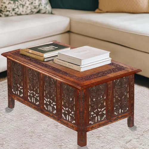 Vista 2 de COTTON CRAFT Mesa de centro de madera maciza, mesa central tallada a mano con patas plegables, mesa decorativa para sala de estar, espacios