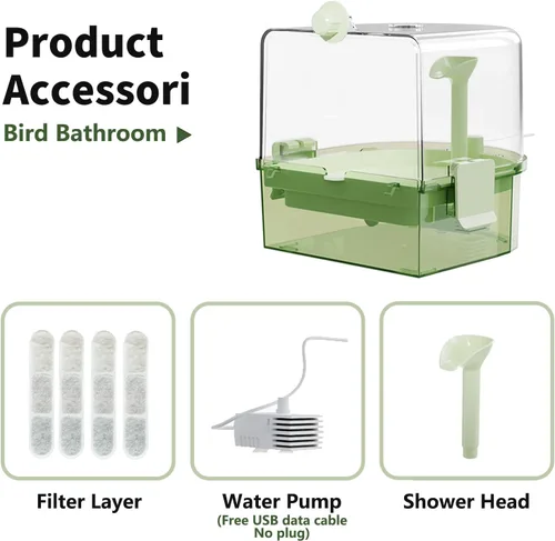 Vista 6 de Baños automáticos para pájaros para jaula – Baño de periquito interior con bomba, ducha de pájaros con 2 modos de agua corriente, accesorio de jaula