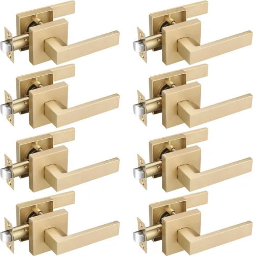 Vista 26 de EHOMEWARE - Juego de manijas de puerta delantera doble de latón, manija de puerta de latón cuadrado resistente en oro y cerradura de un solo
